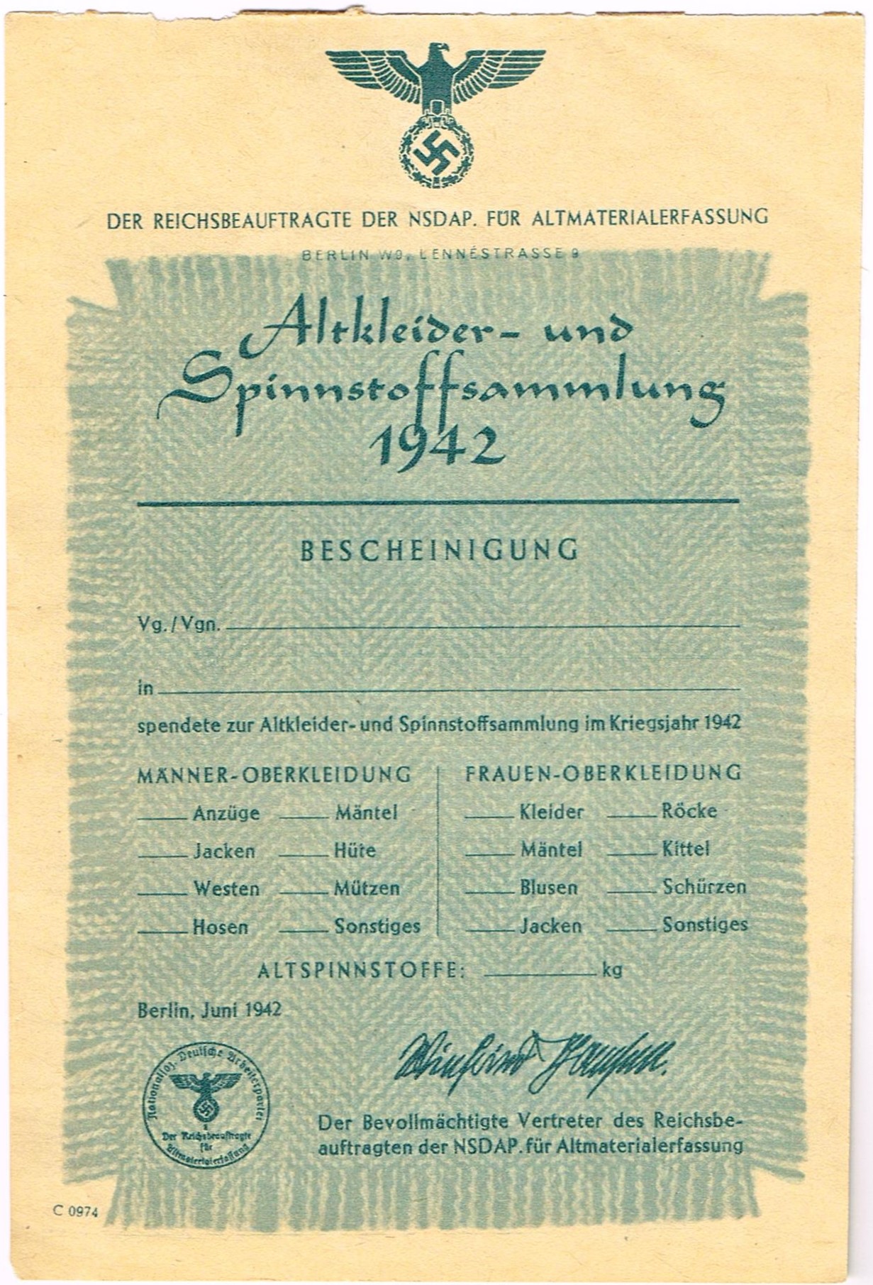 Altkleider- und Spinnstoffsammlung 1942 - Bescheinigung - Der Reichsbeauftragte der NSDAP für Altmaterialerfassung